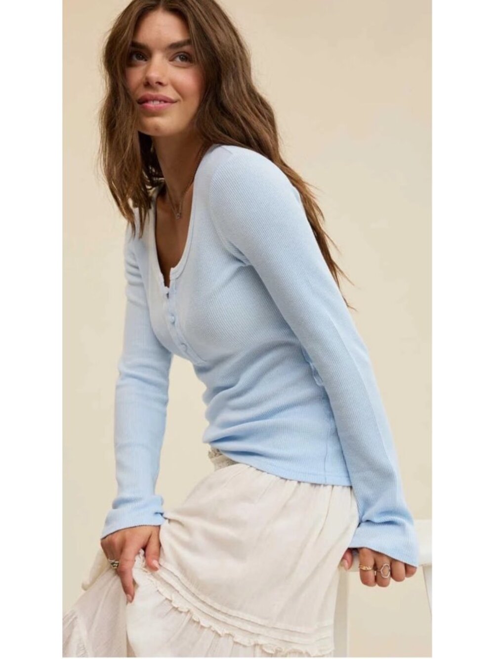 Aerie women’s S Light Blue Ribbed Waffle Long-Sleeve Henley Shirt Scoop Neckline